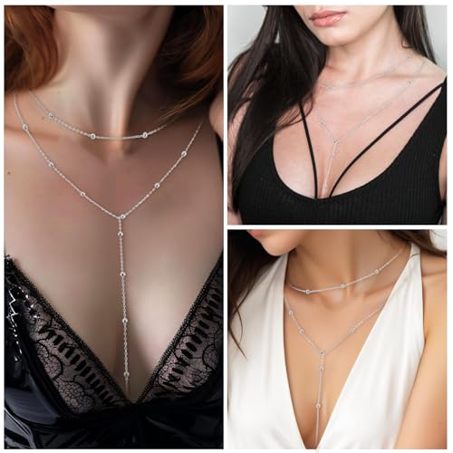 Drop Lariat Chain for Women, Dainty Layered Long Gold/Silver Necklaces Trendy Tassel Beaded Y Shaped Necklace Teardrop Jewelry Gifts for Ladies Mother Wife4