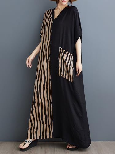 Women Plus Size Summer Dress Black & Brown Striped Patchwork Maxi Dress with Pockets Casual Loose Robe4