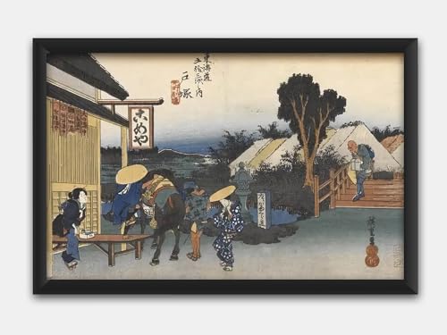 浮世絵装飾画、<元町?道> 風景画、アートポスター、オフィス、キャンバス、壁アート、プリント、アートボード 20x30cm 木枠付きの完成品