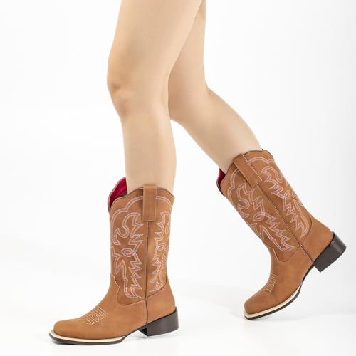 Image of SheSole Women's Fashion Wide Square Toe Western Cowgirl Cowboy Boots Mid Calf