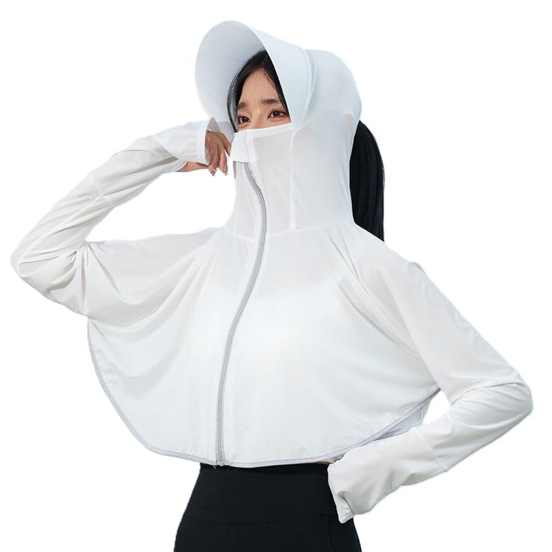 Image of Alexvyan Size-L White Women's UV Protection Jacket, Lightweight Summer Sun Screen Hoodie with Visor, UPF 50+ Protection for Outdoors, Shirt Full Zipper Sun Protection Jacket- FIT 50-65 KG