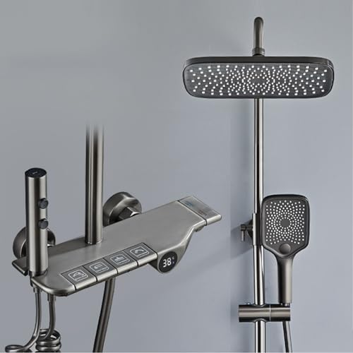 ZYCHSJXA Conjunto de grifería de Ducha Gris Plomo, Mezclador de Altura Ajustable con Pantalla Digital, Ducha de Lluvia de 30 x 20 cm, Ducha de Mano de 3 Modos, rociador de bidé de 2 Funcion
