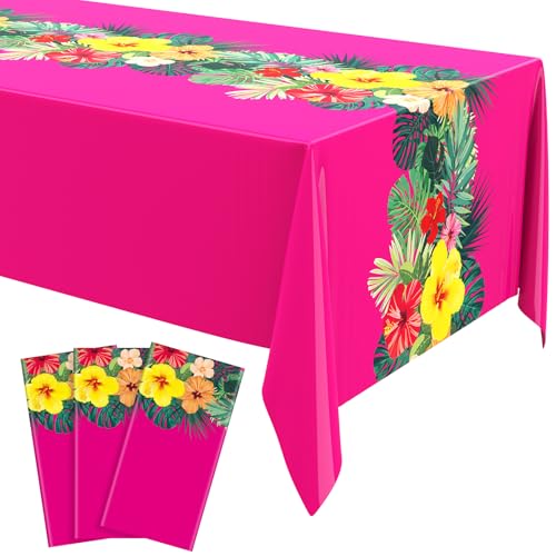 Image of Irenare 3 Sheets Hawaiian Luau Tablecloths for Party Decoration 54 x 108'' Tropical Palm Leaves Table Cloth Hawaii Disposable Rectangular Plastic Table Cover for Summer Beach (Rose Red)