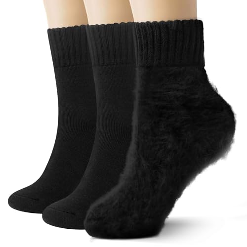 Image of 3 Pairs Winter Socks for Women Thermal Insulated Solid Thick Warm Cozy Crew Socks Christmas Gift