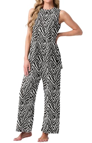 Image of PrinStory Womens Pajamas Sets 2 Piece Soft Pjs for Women Sleeveless Pajama Set Summer Loungewear with Pockets