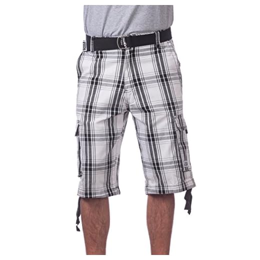 Pro Club Men's Cotton Twill Cargo Shorts with Belt, 44", White Plaid
