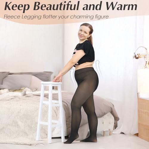 Image of Black Plus Size Fleece Lined Tights for Women Fake Translucent Pantyhose Warm Winter Thick Sheer Thermal Leggings
