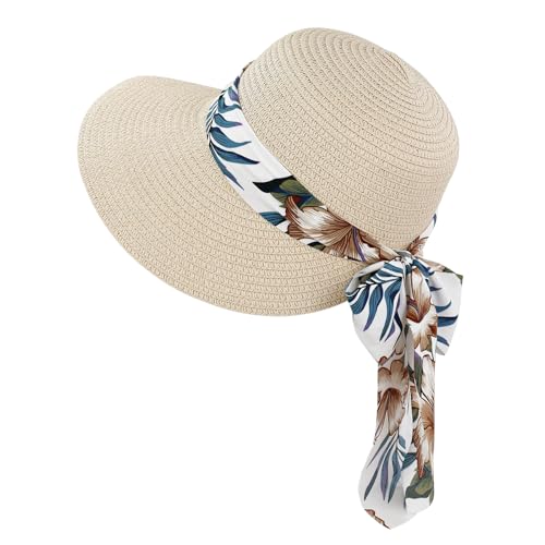 Feelorna Sombrero de paja para mujer, protección UV, sombrero de paja con ala ancha, transpirable, sombrero de playa, sombrero de verano plegable para viajes y vacaciones, Beige A., Talla única