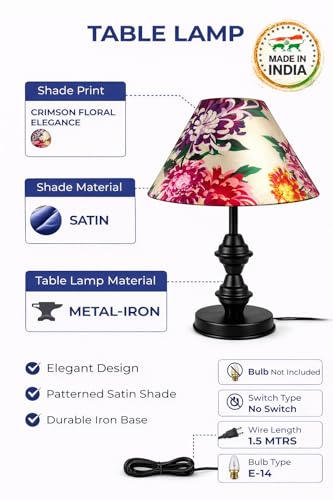Image of tu casa Modern Table Lamp with Crimson Floral Satin Shade | Metal Iron Base Decorative lamp for Living Room| Study & Home Decor, Designer Table Lamp for Gifting (Crimson Floral)