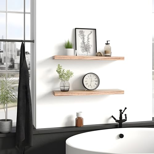 PHPH 24 Inch Wood Floating Shelves for Wall, Wooden Wall Shelves for Bedroom, Set of 4 Light Brown by PHPH - Used condition - Image 2