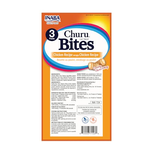 INABA Churu Bites for Cats, Soft/Chewy Baked Chicken Wrapped Churu Filled Cat Treats with Vitamin E, 0.35 Ounces per Tube, 24 Tubes Total (3 Tubes per Pack), Chicken Recipe - image 9