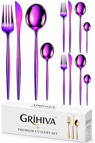 Image of 12 Pcs Pink Slim Handle Stainless Steel Cutlery Set for Dining Table with Spoons and Forks Set + Butterknives - The Perfect Tableware /Flatware
