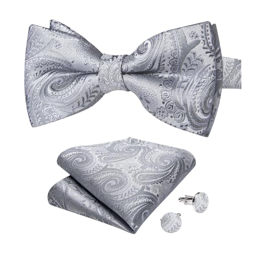 Image of DiBanGu Paisley Pre-Tied Bow Ties for Men Silk Adjustable Bowtie and Pocket Square Cufflinks for Wedding Party