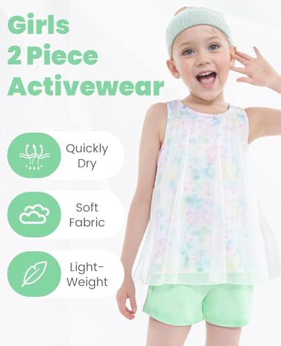 Image of Gogokids Girls 2 Piece Activewear Set, Tulle Sleeveless Tank Tops and Athletic Shorts