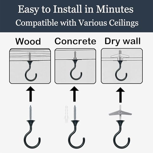 Image of Heavy Duty Ceiling Hooks for Hanging Plants 4 Pack (Black) | Holds 30 lbs on wood & concrete, 20 lbs on drywall; 2.4 inch rustproof swag hook for string lights, lanterns & patio use