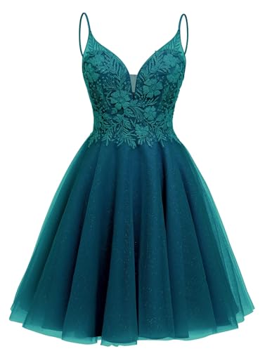 Image of Sparkly Tulle Homecoming Dresses Short Lace Prom Dresses for Teens V Neck Beaded Cocktail Dresses