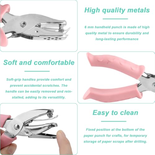 2 Pcs Single Hole Punch for Crafts, 6mm Hole Puncher for Paper Punchers, Small Metal Handheld Hole Punch, Gift Tag Punches for Crafting DIY Scrapbooking Cards Notebooks Invoices, with 10 Rings