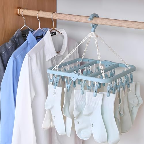 hurifeng 32 Clips Wäscheständer – Faltbarer Kleiderbügel mit vielen Clips, ideal zum Trocknen von Socken, Unterwäsche und kleinen Kleidungsstücken
