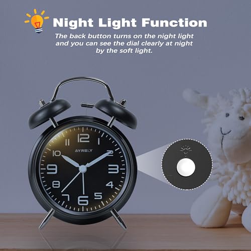 Image of AYRELY Super Loud Alarm Clock for Heavy Sleepers Adults,Twin Bell Retro 4 Inch Silent Non-Ticking Quartz with Backlight, Metal dial, Alarm Clocks for Bedrooms Bedside(3D Dial - Black)
