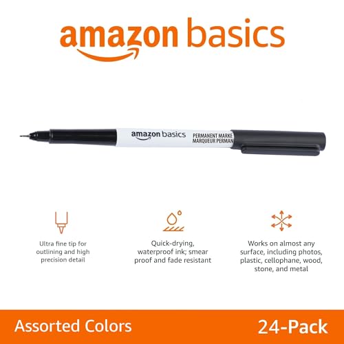 Amazon Basics Permanent Markers for Drawing, Writing and Doodling, Ultra Fine Tip, Quick Dry Fade Resistant Ink, Assorted Colors, 24-Pack view 2