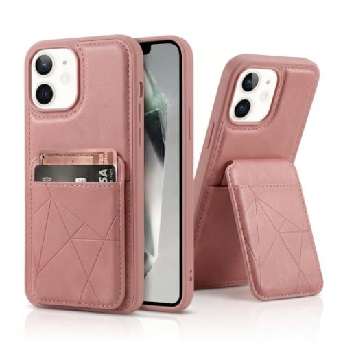 Image of amazon basics Premium Vegan Leather Back Cover with Card Holder and Integrated Mobile Stand for iPhone 11 - Slim Shockproof Wallet Case with Geometric Stitching [Pink]