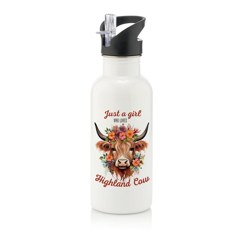 Just a Girl Who Loves Highland Cow, Floral Country Cow Gift for Her and Animal Lovers, Stainless Steel 600ml Water Bottle with Straw. (White)