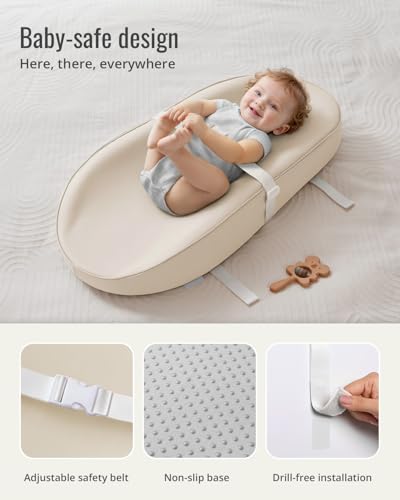 Image of Blissful Diary Vegan Leather Baby Changing Pad with Waterproof & Wipe-Clean PU Cover, Avocado Size Cozy Diaper Changing Pad for Dresser and Table, Beige
