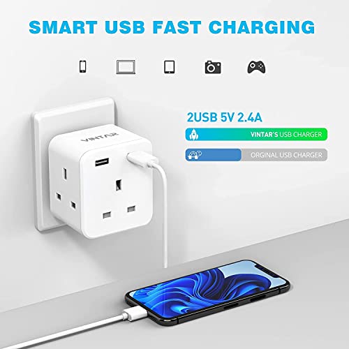 VINTAR Plug Adaptor with 2 USB, 3 Way Plugs Extension Multiplug Socket UK Double Plug Adapter, 13A UK 3 Pin Power Socket for Bedroom, Office, Kitchen, White[1-pack] - Image 3
