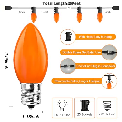 Image of C9 Halloween Orange String Lights 25Ft Outdoor Halloween Decorations String Lights with 26 Ceramic Orange Bulbs, Hanging Vintage Christmas Lights for Patio Holiday Party Fall Roofline Backyard Porch