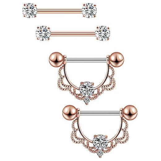 2 Pares de Anillas de Pezón de Acero Inoxidable Piercing de Pezón de Banana CZ Aro de Diamantes de Imitación Joyería de Piercing de Cuerpo Lengua Pezón (Barra Dorada Rosa)