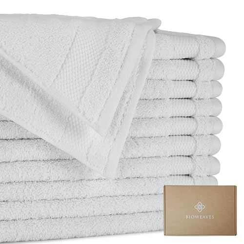 BIOWEAVES 100% Organic Cotton 700 GSM Plush Washcloths 13 x 13 GOTS Certified - White Pack of 12