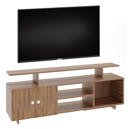 Image of FURNEASER Eskido Engineered Wood TV Entertainment Unit, Floor Standing TV Cabinet with Storage Shelves for Living Room, TV Stand for 32,43,50 & 55 Inch TV (Exotic Teak & White) (Exotic Teak)