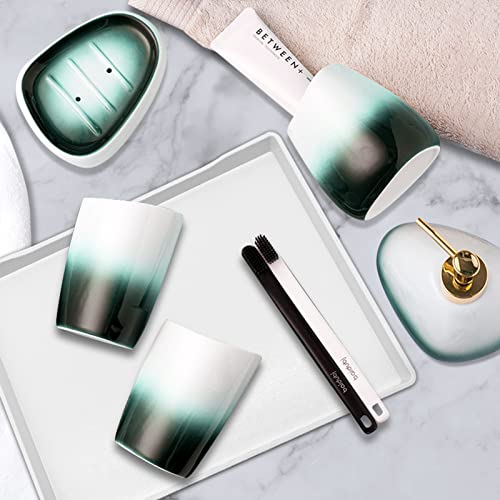 Ikuafen Bathroom Accessories Set, 6-Piece Ceramic Bath Accessory Sets With Lotion Dispenser, Mouthwash Cup, Vanity Tray, Soap Dish And Toothbrush Holder (Green And White) #TOP2