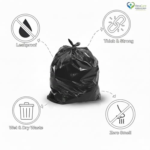 Image of VeraCare Eco-Friendly Garbage Bags | 30Pcs | Medium-19 x 21 Inches | 30 Bags x 1 Rolls | Black | Dustbin /Trash Bags with Detachable Drawstrings | For Dry & Wet waste (1)