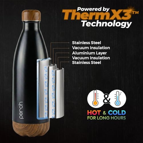 Image of Perch Retro Stainless Steel Water Bottle 980 ml | Hot & Cold Flask | Vacuum Insulated | ISI Certified | Leak Proof | BPA Free | for Office, School, Gym, Home & Travel | Wooden Black | Crafted by Pexpo