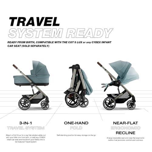 Image of Cybex Balios S Lux Toddler and Baby Stroller with Reversible Seat, Unique One-Pull Harness, and Multiple Recline - Travel System Ready, with One Hand Fold, Taupe Frame /Sky Blue Seat