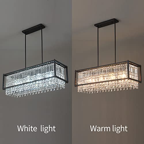 Image of LMQNINE Modern Rectangle Chandelier for Dining Room, Black Crystal Chandelier Linear Light Fixture, Farmhouse Chandeliers for Kitchen Island, Bar Table, L35.43'' x W11.81'' x H9.84''