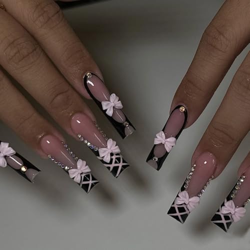 MouyouGlow Press on Nails Lang,Square Black Lace French 3D Bow Tie Schleife Crystal Y2K Fake Nails mit Nagelkleber Nagel,Black Tips Strass künstliche Fingernägel