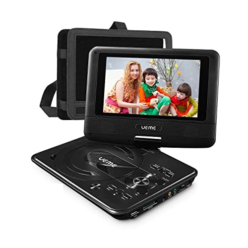UEME Mini DVD Player for Kids with 7 inches Swivel Screen and Internal Rechargeable Battery, Support DVD CD USB SD Card, with Car Headrest Mount Holder, Region Free