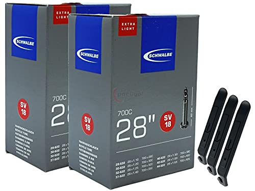 pneugo! Set 2 x Schwalbe Fahrradschlauch 28 Zoll Sclaverand 28-622/44-622 SV18 (Extra Light) + 3 Reifenheber Cover