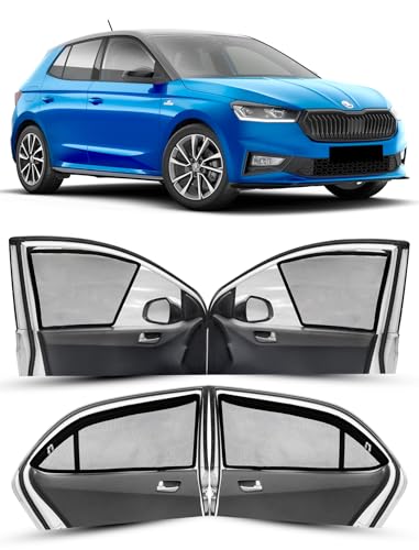 Image of Autofact Magnetic Car Sunshades Compatible with Skoda Fabia (Set of 4) - Easy Installation, UV Protection, Keeps Car Cool (Front 2 Half-Cut for Side Mirror Visibility, Rear 2 with Zippers)