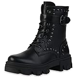 VAN HILL Damen Stiefeletten Schnürstiefeletten Blockabsatz Schuhe Nieten Stiefel Schnallen Schnürschuhe Plateau Vorne Booties 201123 Schwarz 38