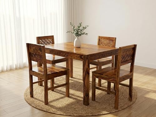 Image of RECTART Solid Wood Dining Table Set with Chairs for Living Room Home | Wooden Dining Room Sets Furniture for Hotels and Restaurants | (CNC-Top-N, 4 Seater)