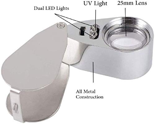 Vergrößerungsglas 40x Vollmetall, beleuchtetes Vergrößerungsglas, Juwelierlupe mit LED- und UV-Licht