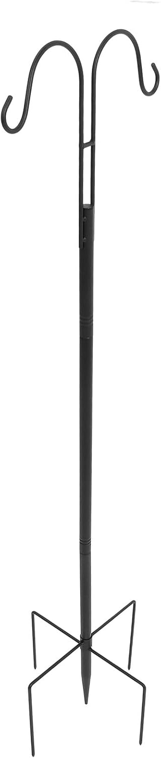 Metal Shepherd Hook Double Garden Hooks for Outdoor Hanging Bird Feeder Pole Stand and Plant Hangers with Detachable 46-inch Thickened Cast Iron Stake for Yard and Patio Use