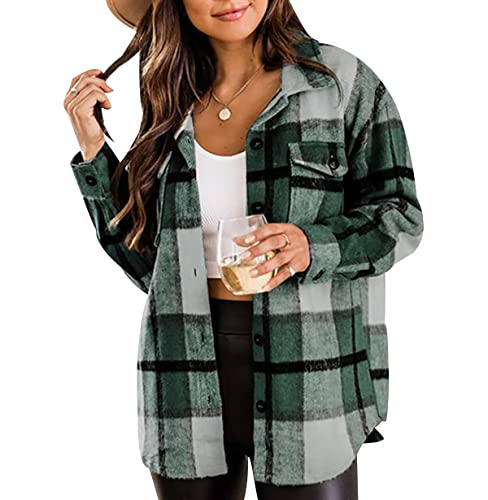 Ladies Checked Shirt Jacket Checked Shirts Womens Shacket Women Plus Size Flannel Shirt Plaid Tartan Shirts for Women Retro Checkered Shirt Women Ladies Oversized Check Personalised Shirts Green M