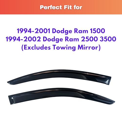 Image of KPY Rain Guards Fit for 1994-2001 Dodge Ram 1500, Out-Channel Window Visors Vent Wind Deflectors 2PC, Truck Accessories for 94-02 Dodge Ram 2500 3500 (Excludes Towing Mirror)