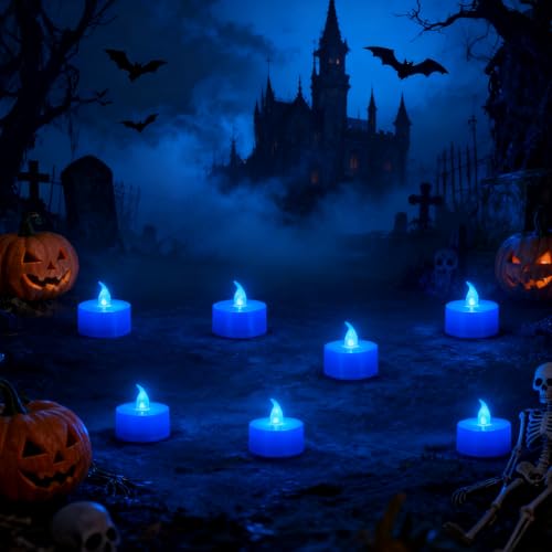 Image of KOABY 12 Pack Blue Light Flameless Tea Lights, Blue Base, Last 100H | for Decor