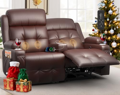 Furgatti Reclining Loveseat, 55.1" RV PU Leather Wall Hugger Recliner Love Seats Sofa with Charging Station, Removable Armrest, Cup Holder, Double Recliners Couch, Manual Love Seat for Living Room
