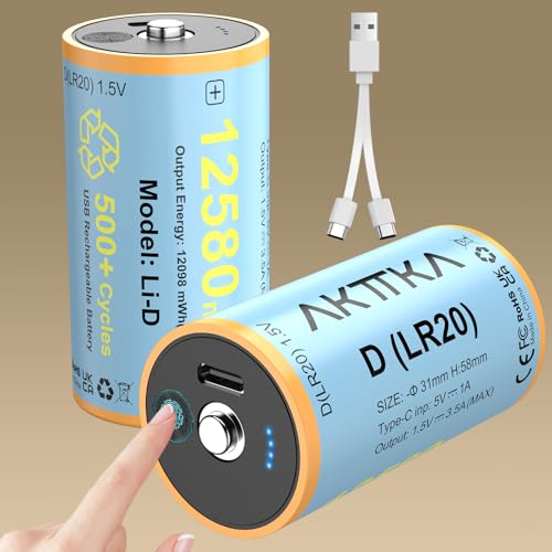 AKTTKA 充電式単 1電池 2個セット、12580mWh / 1.5V LR20電池、タッチ式充電レベル表示、USB-Cケーブル付属、キャンプ用ランタン、おもちゃなどに適用